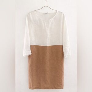 Vanessa Zani Two-Tone Linen Shift Dress in White and Camel